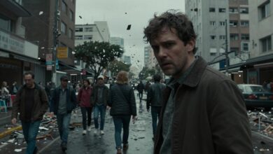 Cena cinematográfica de uma cidade moderna sendo atingida por um terremoto, com arranha-céus inclinados, ruas rachadas e atmosfera dramática de suspense