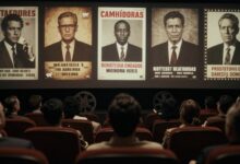 Colagem cinematográfica dramática com uma sala de cinema, rolos de filme e silhuetas diante de cartazes históricos sobre ditaduras, resistência e memória política