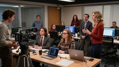 Cena documental em um escritório moderno inspirado em The Office, com mesas de trabalho, câmera de filmagem e personagens reunidos em clima de comédia