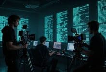 Bastidores cinematográficos de Black Mirror com cenário futurista, telas digitais, iluminação sombria e equipe de filmagem criando uma cena tecnológica inquietante
