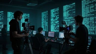 Bastidores cinematográficos de Black Mirror com cenário futurista, telas digitais, iluminação sombria e equipe de filmagem criando uma cena tecnológica inquietante