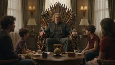 Composição cinematográfica com elementos que evocam séries premiadas de diferentes gêneros: um trono fantástico, um estúdio de televisão, uma sala de redação e uma família reunida diante da TV.