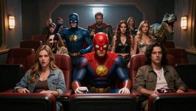 Colagem cinematográfica épica com elementos de grandes franquias mundiais, incluindo super-heróis, ficção científica, fantasia, dinossauros e carros de ação em uma sala de cinema iluminada