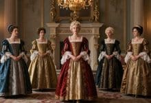 Composição cinematográfica de oito rainhas históricas em trajes de época, diante de um palácio europeu iluminado, evocando poder, intriga e história.