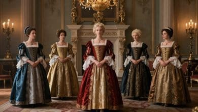 Composição cinematográfica de oito rainhas históricas em trajes de época, diante de um palácio europeu iluminado, evocando poder, intriga e história.