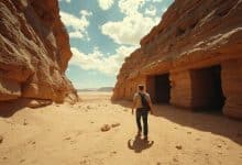 Cena cinematográfica de uma arqueóloga explorando uma antiga ruína no deserto, com mapas, artefatos, colunas de pedra e atmosfera de aventura histórica
