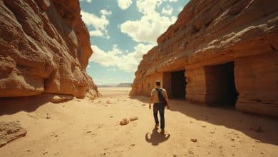 Cena cinematográfica de uma arqueóloga explorando uma antiga ruína no deserto, com mapas, artefatos, colunas de pedra e atmosfera de aventura histórica