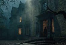Mansão antiga e assombrada à noite, com janelas iluminadas, neblina entre árvores retorcidas e uma silhueta misteriosa no corredor de entrada, em atmosfera cinematográfica de terror gótico.