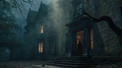 Mansão antiga e assombrada à noite, com janelas iluminadas, neblina entre árvores retorcidas e uma silhueta misteriosa no corredor de entrada, em atmosfera cinematográfica de terror gótico.