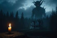 Composição cinematográfica de terror sobrenatural com uma figura demoníaca sombria ao fundo, uma casa isolada à noite e uma vela acesa em primeiro plano, evocando filmes sobre demônios.
