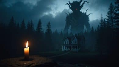 Composição cinematográfica de terror sobrenatural com uma figura demoníaca sombria ao fundo, uma casa isolada à noite e uma vela acesa em primeiro plano, evocando filmes sobre demônios.