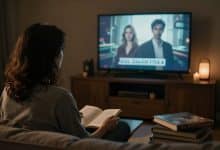 Pessoa assistindo a uma série sozinha em uma sala aconchegante, com a tela iluminando o ambiente e sugestões visuais de mistério, drama e comédia.
