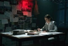 Cena cinematográfica noturna com uma investigadora diante de um mural de pistas, fotografias, recortes de jornal e fios vermelhos, sugerindo um mistério de conspiração.