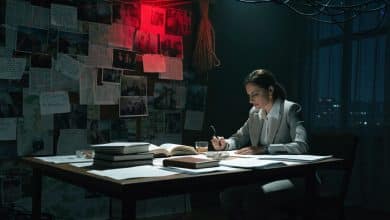 Cena cinematográfica noturna com uma investigadora diante de um mural de pistas, fotografias, recortes de jornal e fios vermelhos, sugerindo um mistério de conspiração.