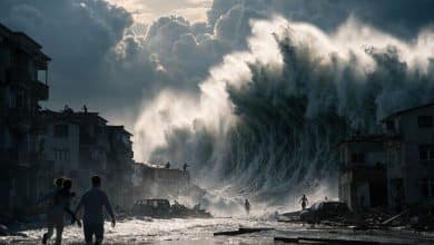 Cena cinematográfica de um desastre natural com uma cidade costeira diante de uma enorme onda de tsunami, nuvens de tempestade e pessoas buscando abrigo, em composição dramática e realista