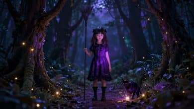 Composição cinematográfica de uma jovem bruxa diante de uma floresta noturna, com uma vassoura, um gato preto e luzes mágicas em tons de roxo e dourado